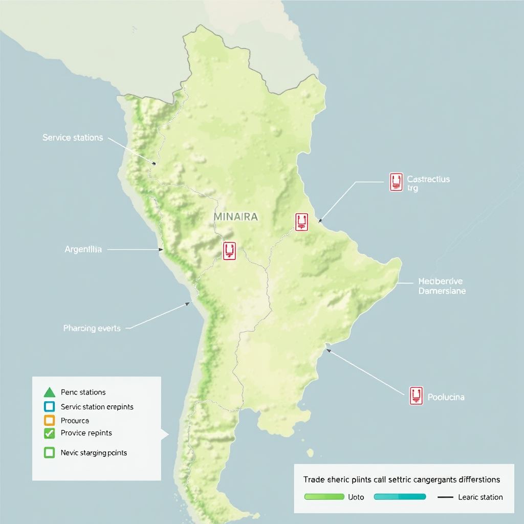 Mapa de Argentina mostrando la distribución de estaciones de servicio y puntos de carga eléctrica en diferentes provincias