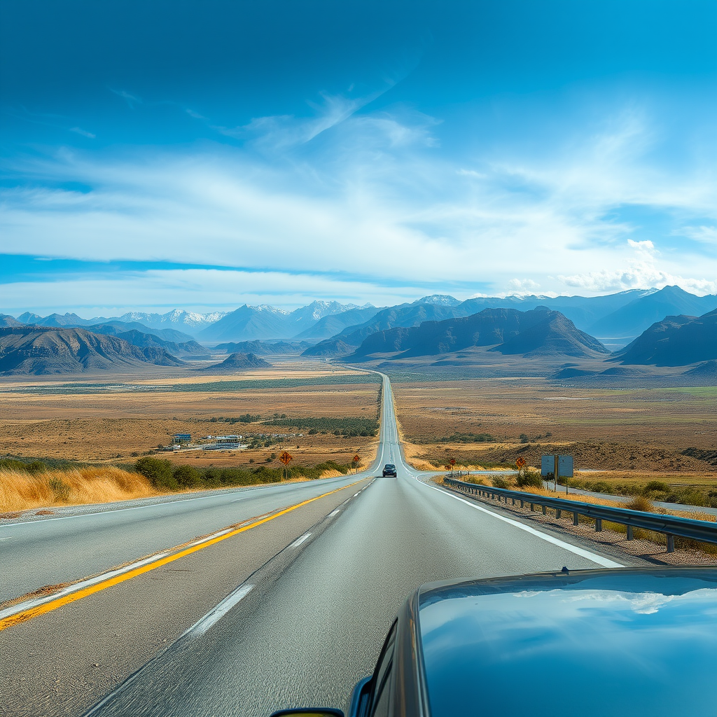 Vista panorámica de una ruta argentina con un automóvil viajando por carretera asfaltada, rodeado de paisajes diversos incluyendo montañas y llanuras, con señales de tráfico y estaciones de servicio visibles en el horizonte