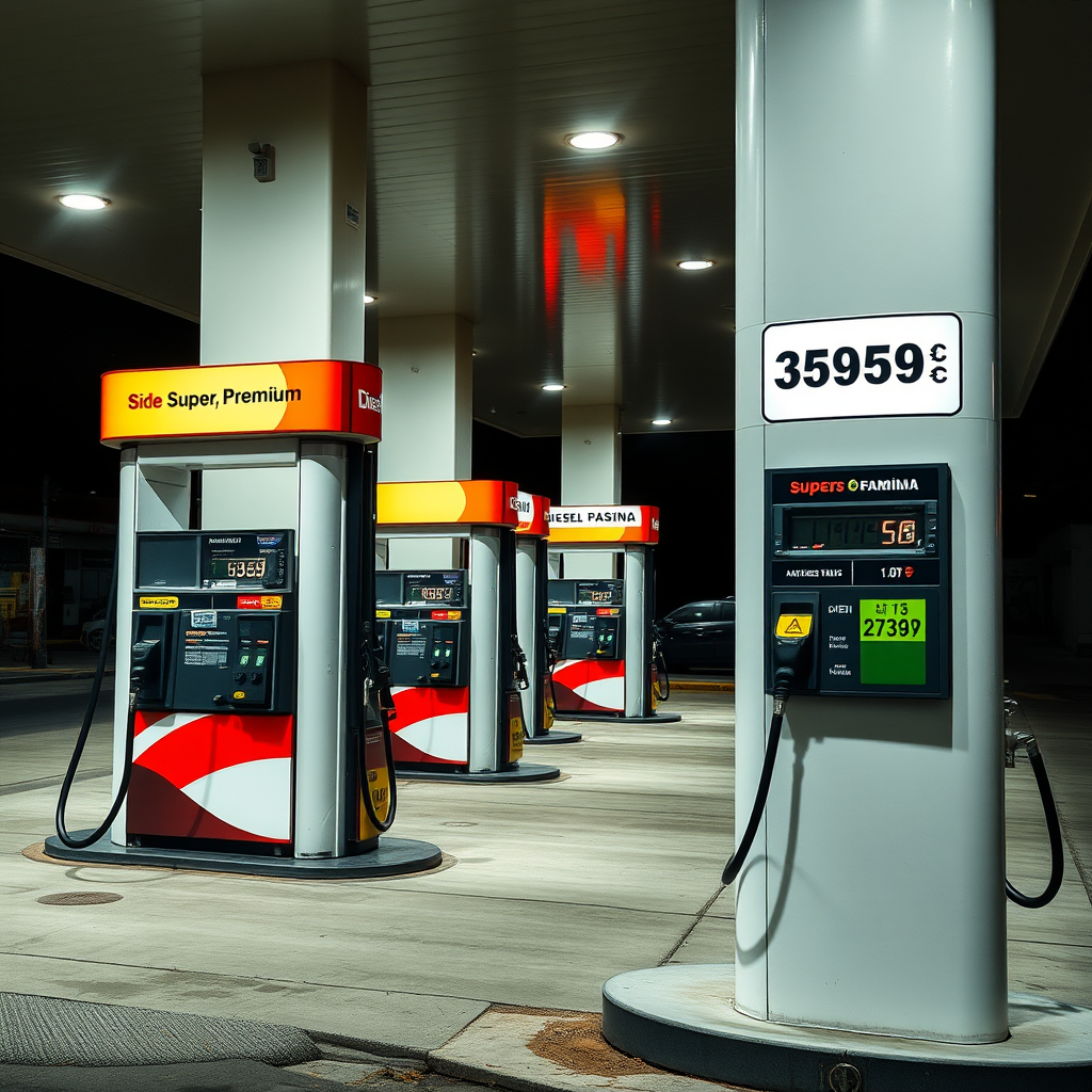Estación de servicio argentina moderna con múltiples surtidores mostrando diferentes tipos de combustible como nafta súper, nafta premium y gasoil, con carteles de precios visibles en pesos argentinos