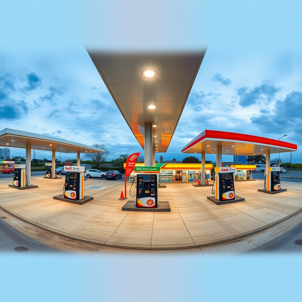 Vista panorámica de múltiples estaciones de servicio modernas en Argentina con diferentes marcas como YPF, Shell y Axion, mostrando surtidores de combustible y tiendas de conveniencia