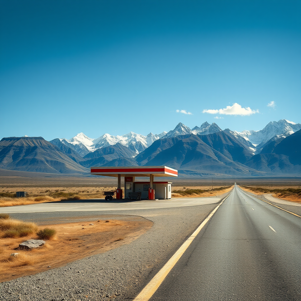 Estación de servicio rural en una carretera patagónica con paisaje montañoso y cielo amplio, mostrando la vastedad de la Argentina rural