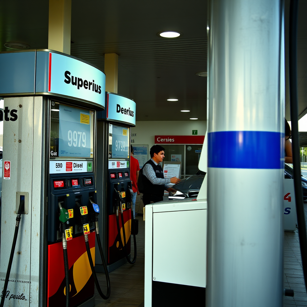 Interior de una estación de servicio argentina mostrando surtidores de combustible con etiquetas de nafta súper, nafta premium y gasoil, con precios visibles en pesos argentinos y un empleado atendiendo a un cliente