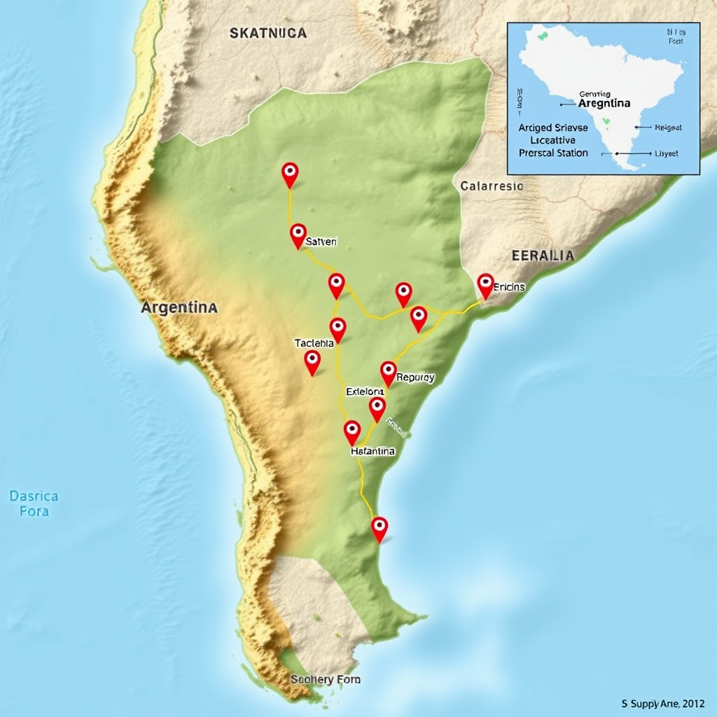 Mapa detallado de Argentina mostrando la ubicación estratégica de estaciones de servicio a lo largo de las principales rutas nacionales, con marcadores indicando distancias entre puntos de abastecimiento