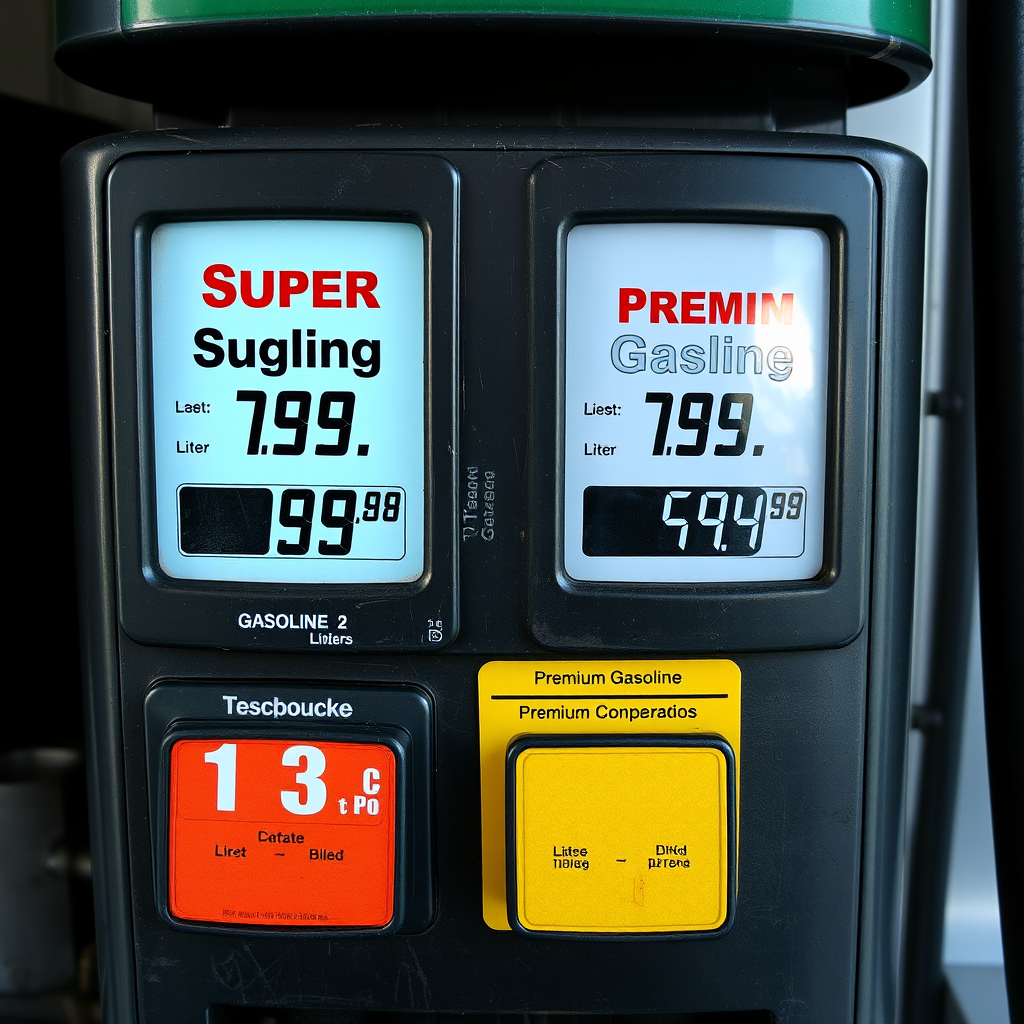 Surtidor de combustible en estación de servicio argentina mostrando las opciones de nafta súper y nafta premium con sus respectivos precios por litro