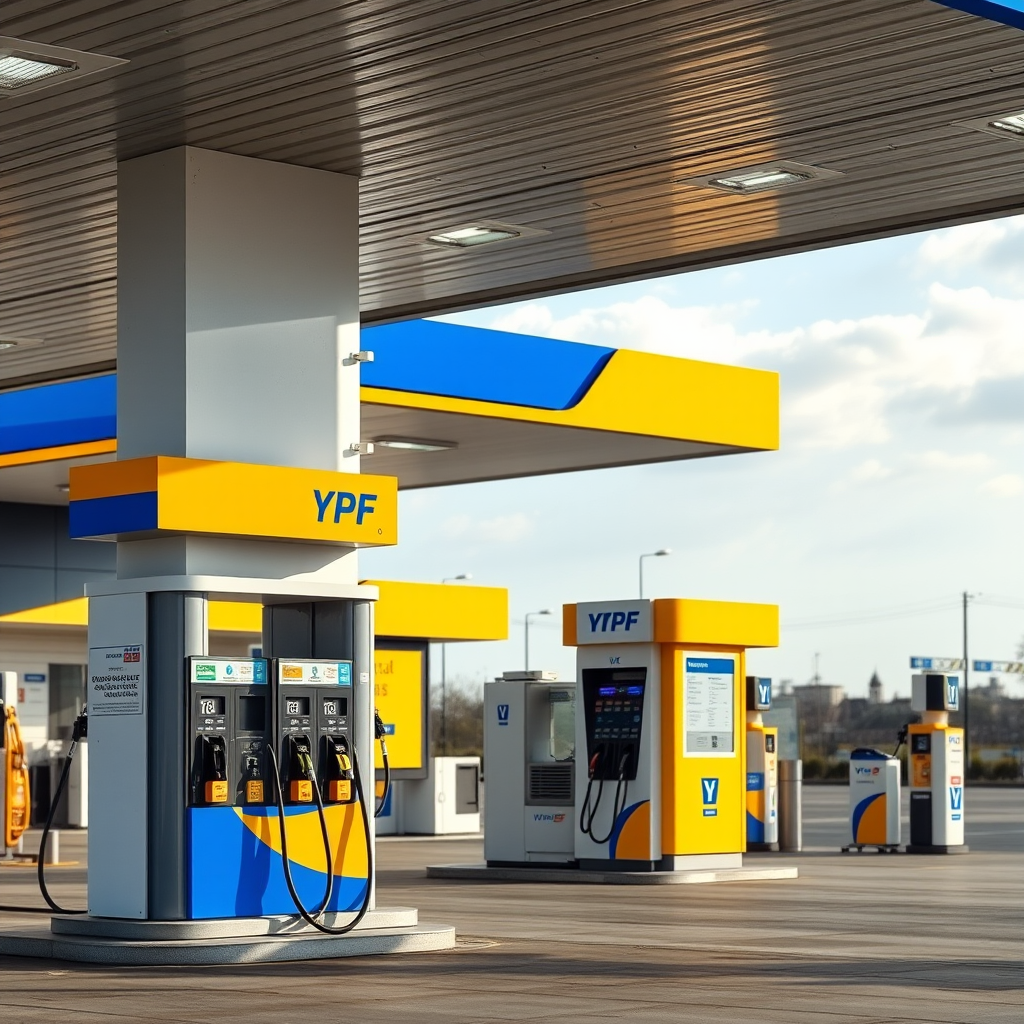Estación de servicio YPF moderna con múltiples surtidores, tienda de conveniencia y señalización corporativa característica en azul y amarillo