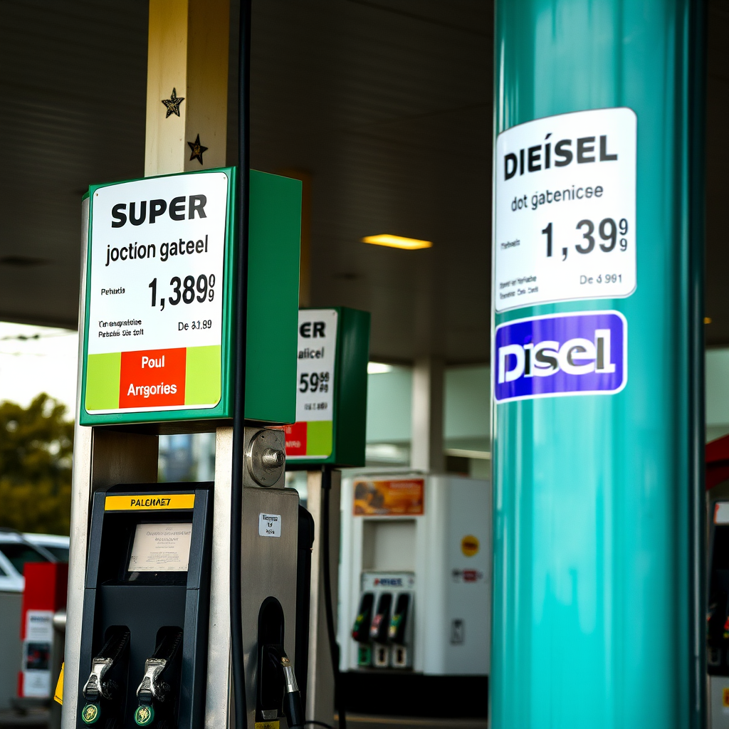 Interior de una estación de servicio argentina mostrando diferentes tipos de surtidores de combustible con etiquetas de nafta súper, nafta premium y gasoil, con precios visibles en pesos argentinos