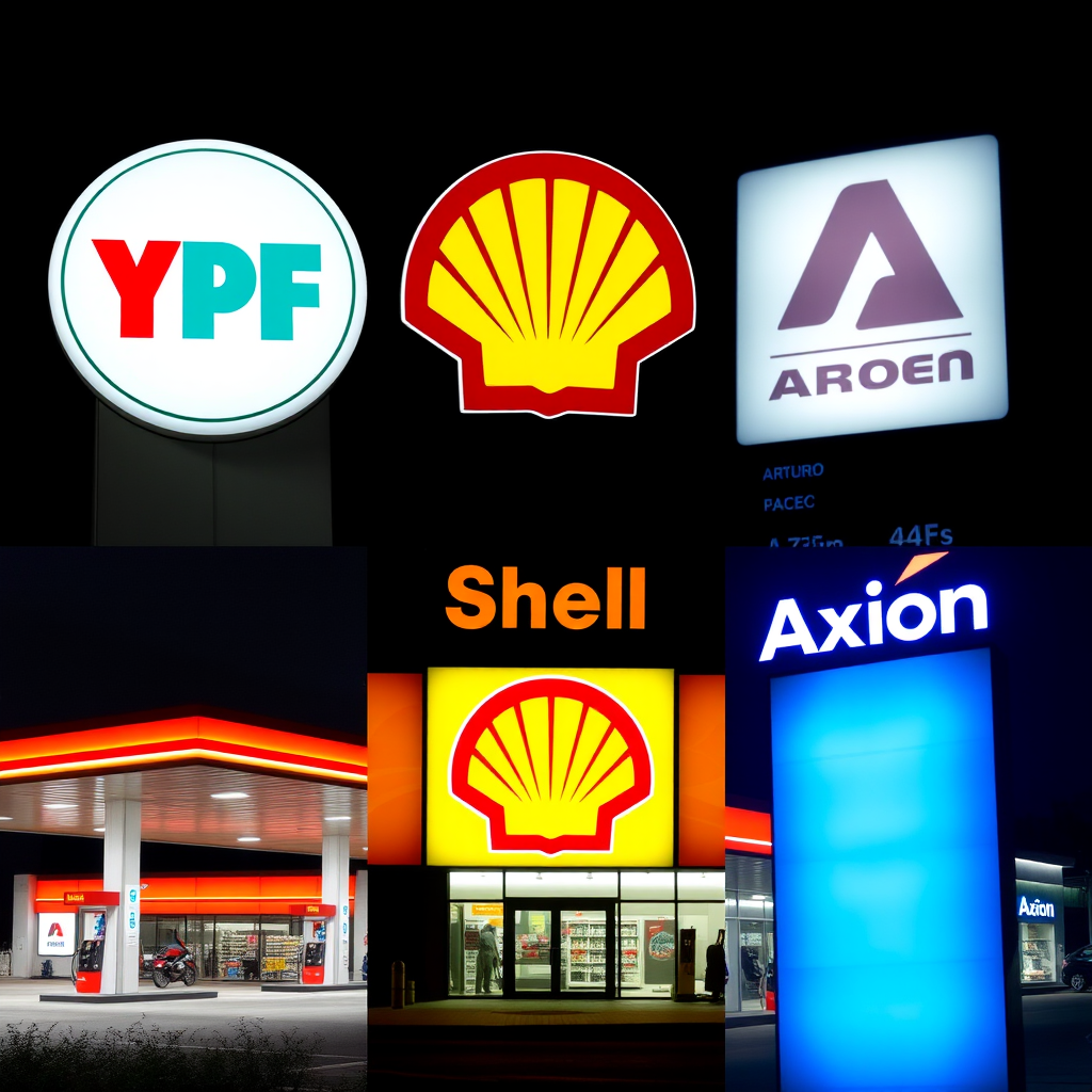 Collage de logos y fachadas de las principales cadenas de estaciones de servicio en Argentina incluyendo YPF, Shell y Axion, con instalaciones modernas, tiendas de conveniencia y áreas de servicio bien iluminadas