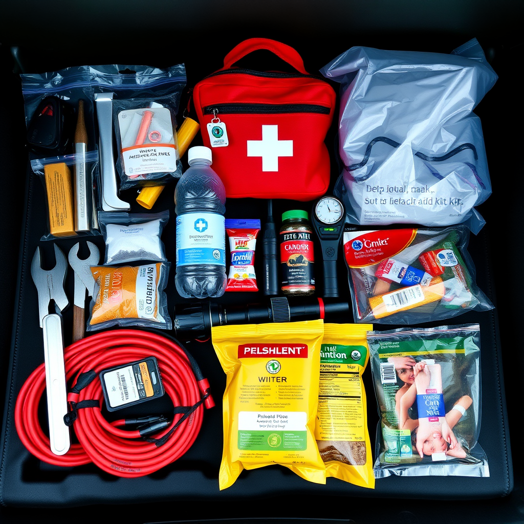 Kit de emergencia completo para viajes largos mostrando herramientas básicas, botiquín de primeros auxilios, agua, alimentos no perecederos, linterna, cables de arranque y equipo de comunicación dispuestos ordenadamente