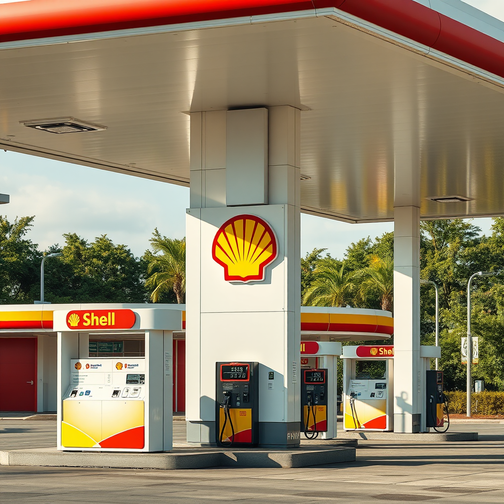 Estación Shell con diseño moderno, surtidores de última generación y la característica concha amarilla sobre fondo rojo de la marca