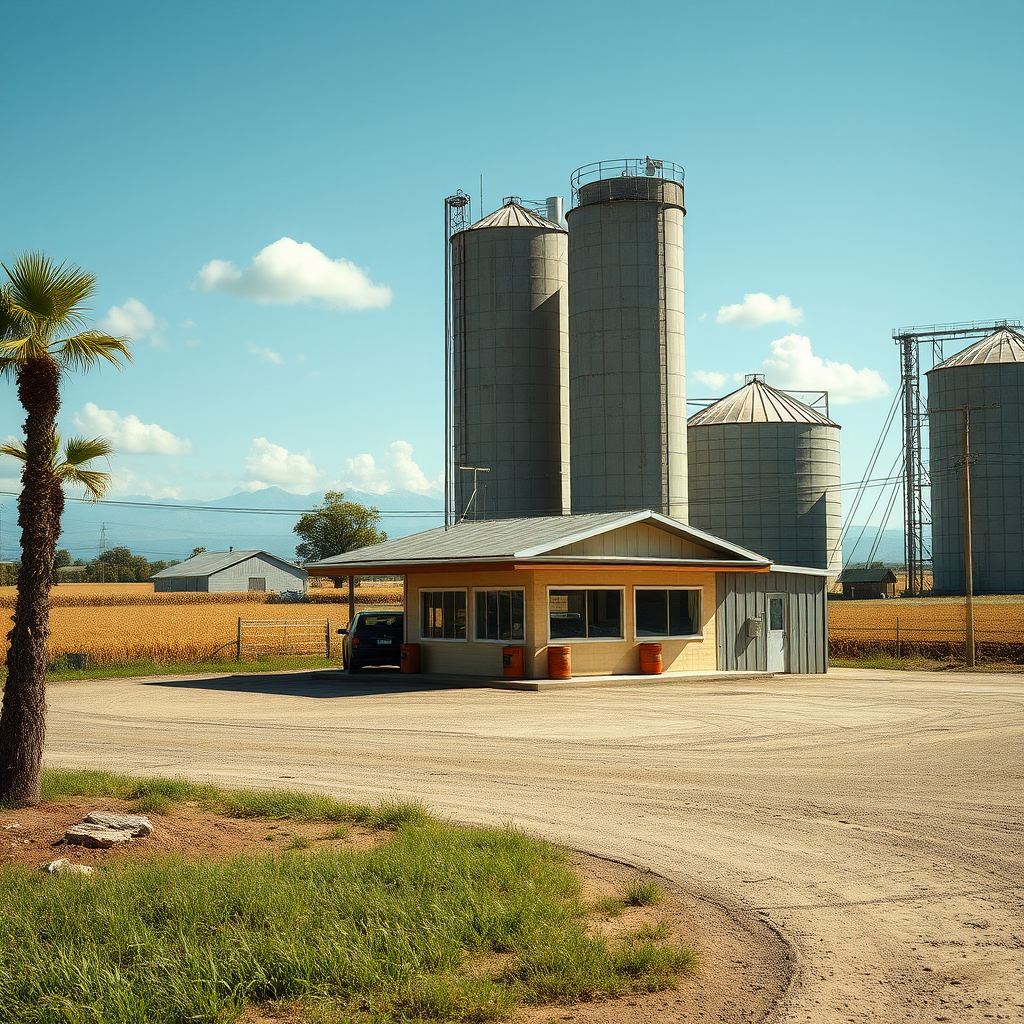 Estación de servicio típica en un pueblo de las Pampas argentinas, rodeada de campos de cultivo y silos de granos