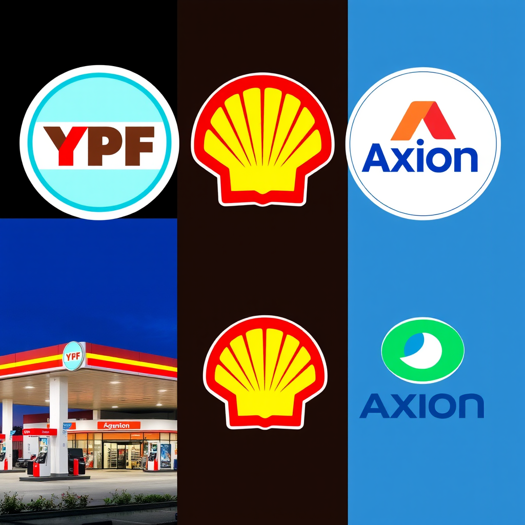 Collage mostrando logos y fachadas de las principales cadenas de estaciones de servicio argentinas como YPF, Shell y Axion, con instalaciones modernas y servicios adicionales visibles