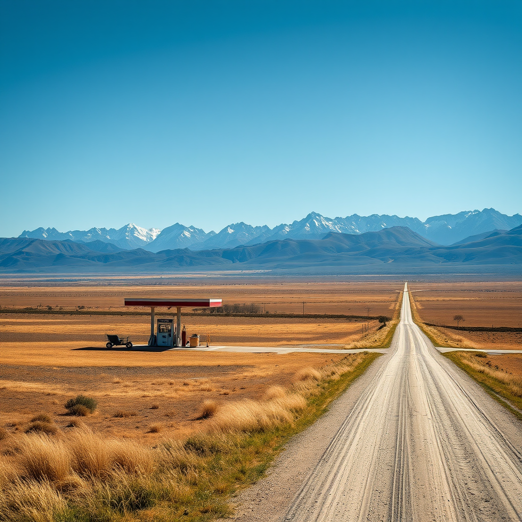 Paisaje rural argentino con una pequeña estación de servicio en un pueblo remoto, rodeada de campos extensos de la Patagonia, con montañas al fondo y un camino de tierra que se extiende hacia el horizonte
