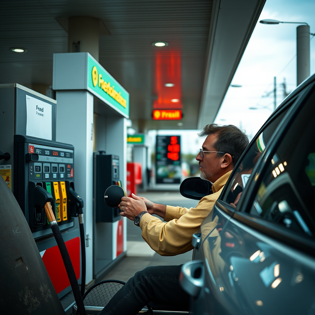 Conductor argentino en una estación de servicio moderna comparando opciones de combustible en el surtidor, con carteles de precios visibles en el fondo