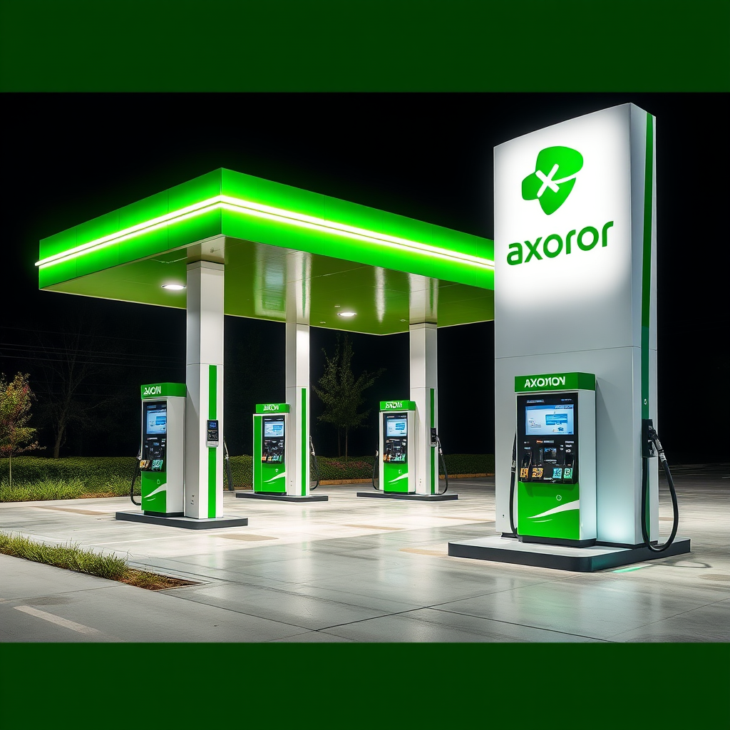Estación Axion Energy con diseño contemporáneo en colores verde y blanco, mostrando surtidores modernos y área de servicios