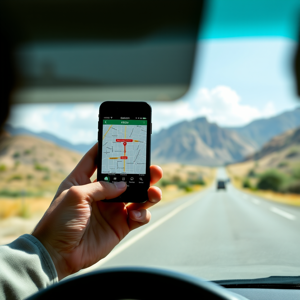 Teléfono inteligente mostrando una aplicación de localización de estaciones de servicio en una carretera rural argentina