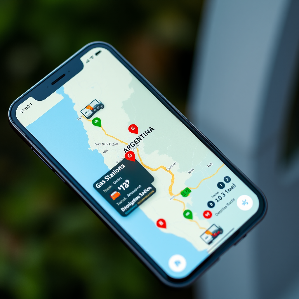 Smartphone mostrando una aplicación móvil con mapa de Argentina destacando ubicaciones de estaciones de servicio y estaciones de carga EV, con iconos de precios de combustible y rutas optimizadas en la pantalla