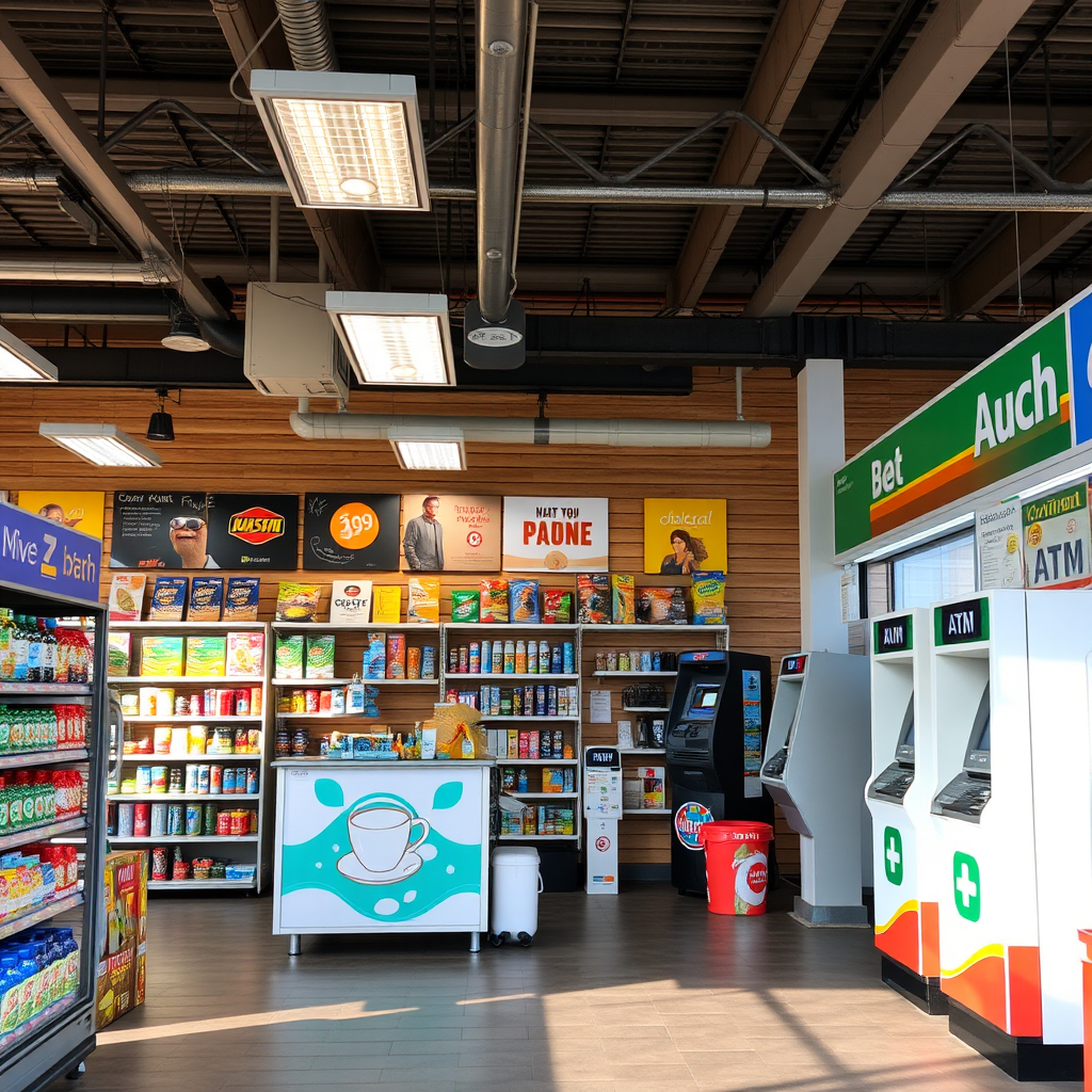 Interior de tienda de conveniencia en estación de servicio mostrando productos, área de café, cajeros automáticos y servicios adicionales