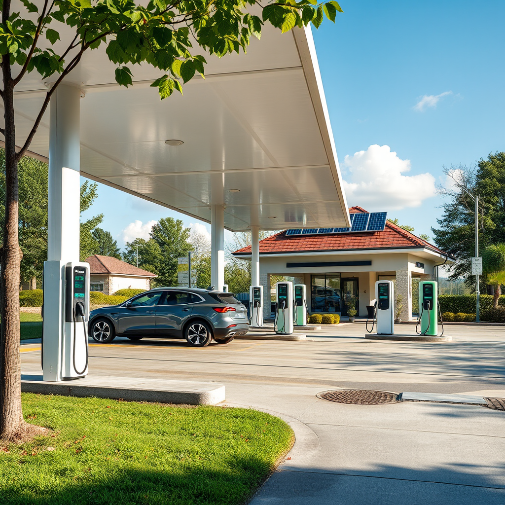 Estación de carga para vehículos eléctricos moderna con múltiples puntos de carga, paneles solares y diseño sustentable integrado a una gas station tradicional